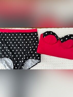 Deep Blue Retro Polka Dot High-Waist Bikini Set